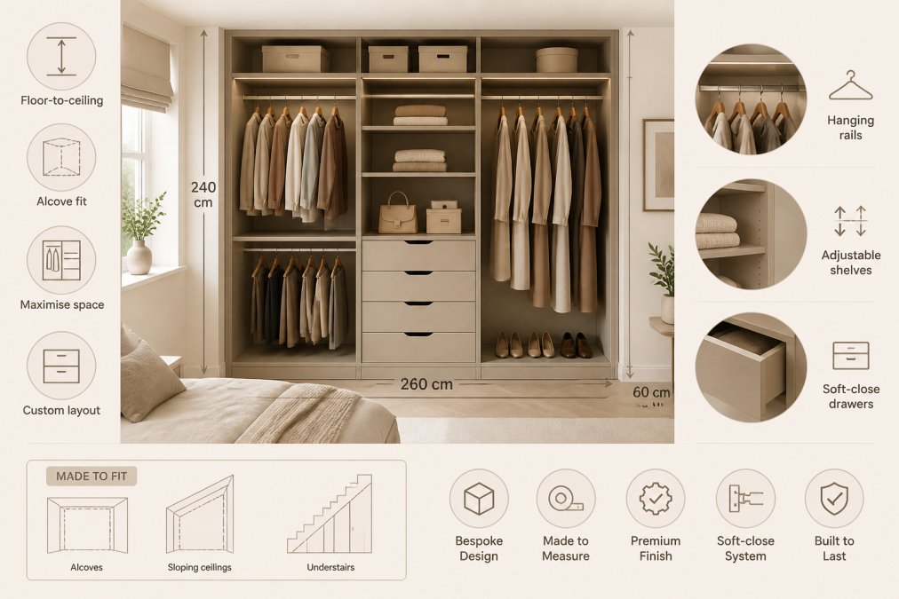 A finished bespoke fitted wardrobe installed in a London bedroom alcove, showing floor-to-ceiling storage with open shelving, hanging rails, and soft-close drawers in natural daylight