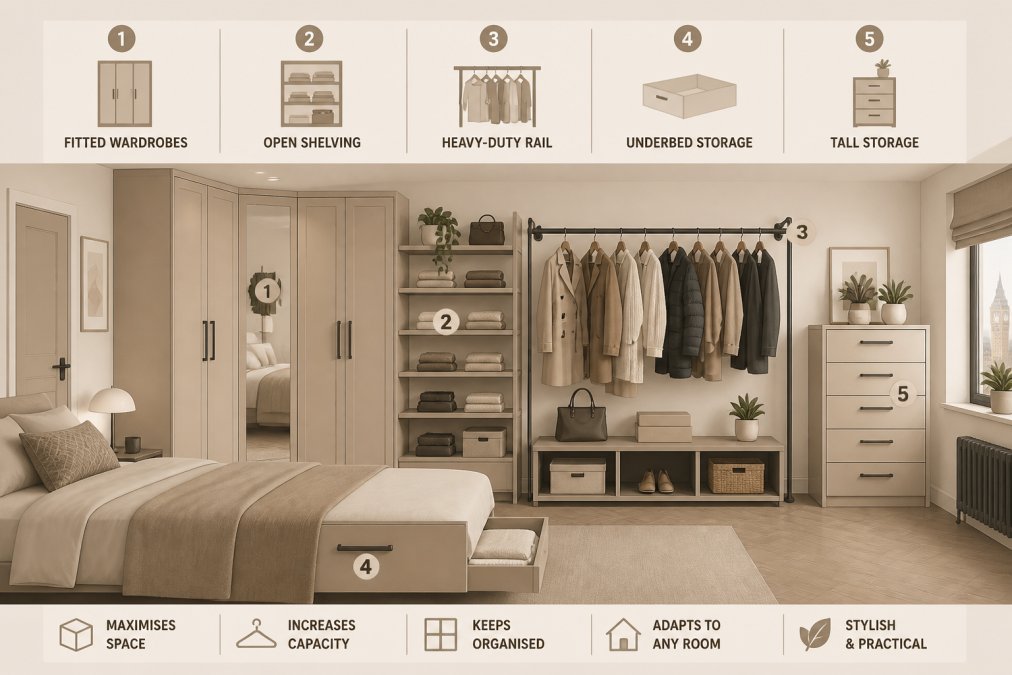 A modern London bedroom interior showing mixed storage solutions, fitted wardrobes in one corner, open shelving displaying folded clothes, and a heavy-duty clothes rail holding seasonal items, demonstrating how different alternatives work together in one space