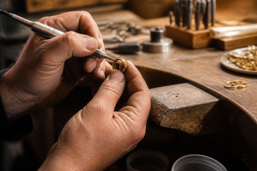 Jeweler's hands carefully crafting a gold ring at a workbench with precision tools, precious metals, and gemstones visible under bright workshop lighting