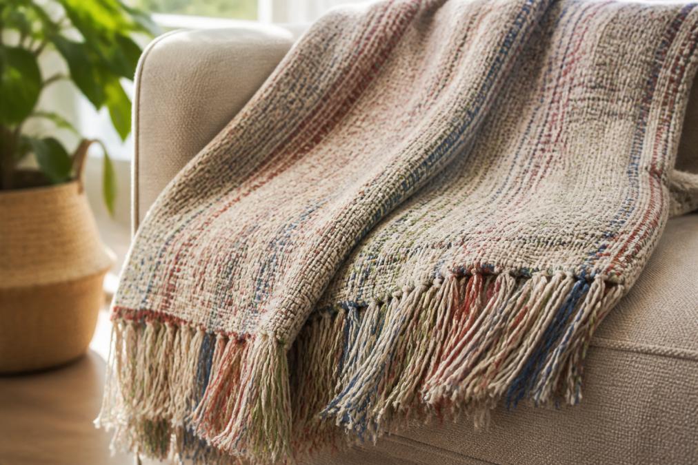 Close-up of a woven heirloom blanket draped over a couch showing colorful fringe and detailed cotton yarn weaving texture, with natural afternoon light highlighting the hand-finished craftsmanship