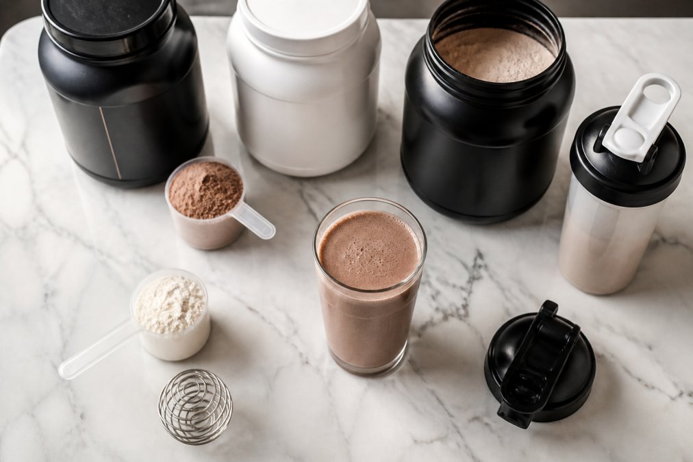 Overhead shot of multiple protein powder containers and shaker bottles arranged on a clean kitchen counter with a glass of mixed protein shake in focus