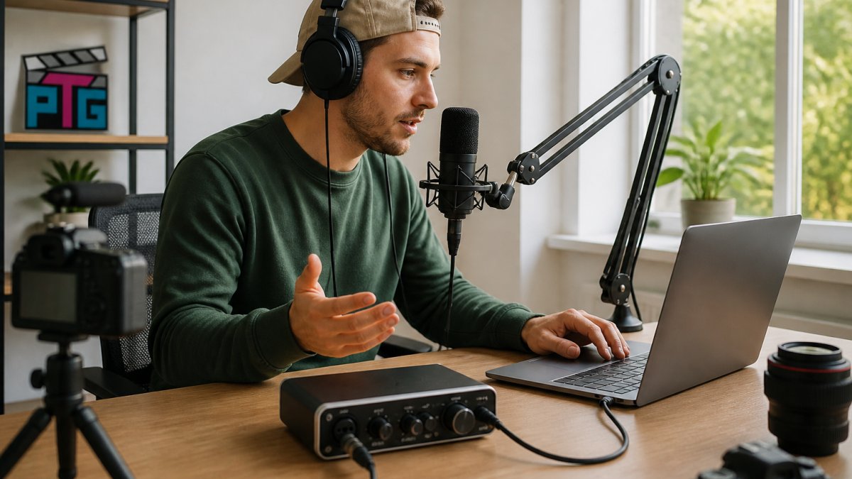 Content creator working at a desk with a microphone and audio interface in a sunlit home studio
