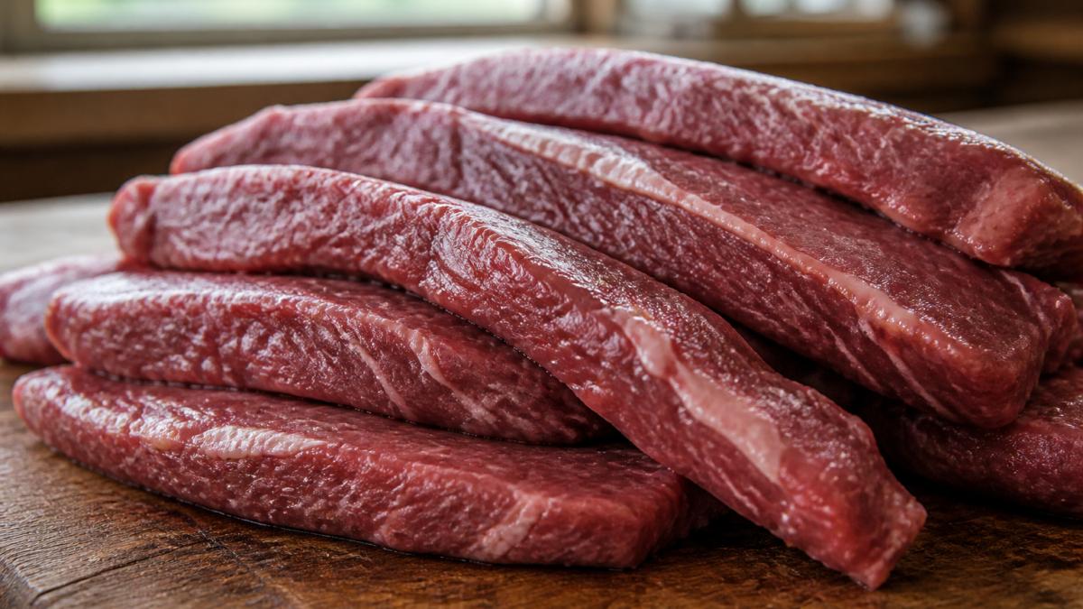 Close-up of premium thick-cut beef strips on a butcher's wooden block, showing marbling and texture suitable for curing, with natural window lighting