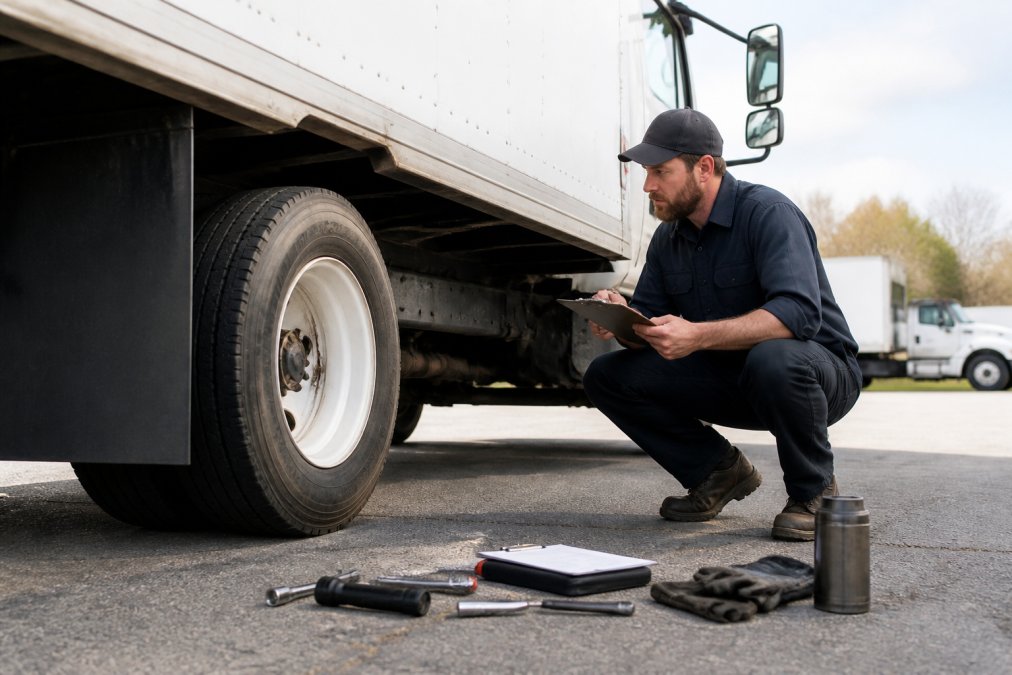 Business owner inspecting the tires and undercarriage of a used box truck at an outdoor lot