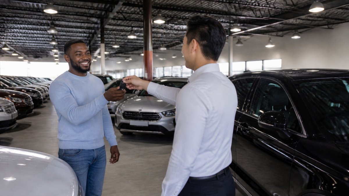 A spacious indoor car showroom with rows of clean used vehicles under bright overhead lighting, a salesperson handing keys to a smiling customer in the foreground
