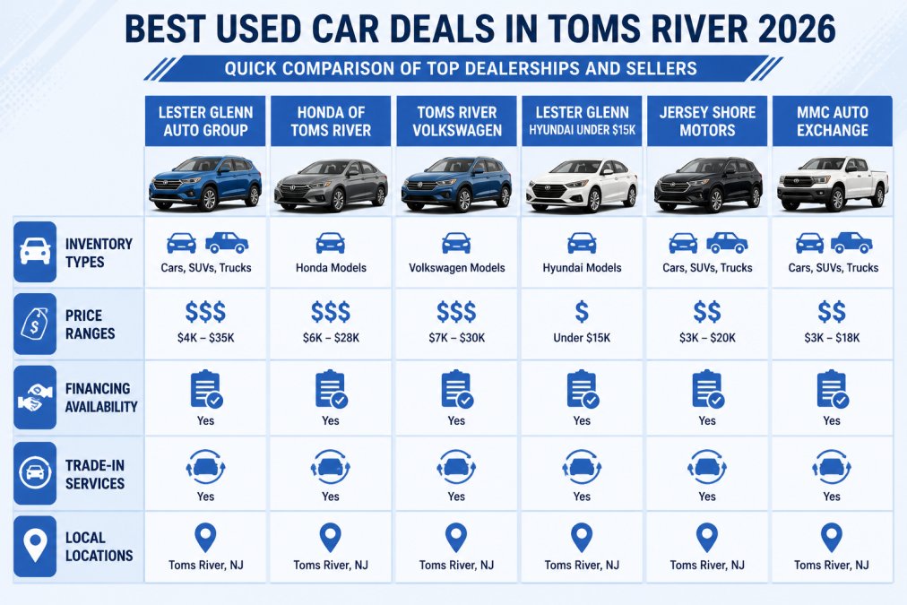 Comparison matrix showing dealership names, inventory types, price ranges, financing availability, trade-in services, and local locations for Lester Glenn Auto Group, Honda of Toms River, Toms River Volkswagen, Lester Glenn Hyundai Under $15k, Jersey Shore Motors, and MMC Auto Exchange