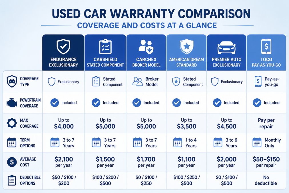 Comparison matrix showing coverage types: Endurance exclusionary, CarShield stated component, CARCHEX broker model, American Dream standard, Premier Auto exclusionary, Toco pay-as-you-go