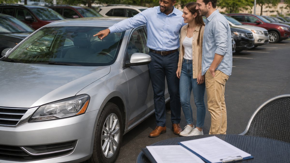 A young couple examining a used silver sedan on a dealership lot, salesperson pointing at the windshield, bright afternoon light, paperwork resting on a nearby table