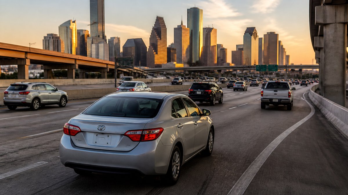 A driver in a used sedan merging onto a wide multi-lane freeway at golden hour, with the downtown skyline in the distance and commuter vehicles in adjacent lanes