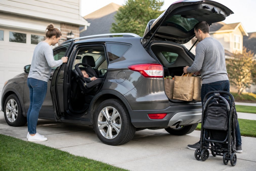 Young family loading a stroller and groceries into a compact SUV, one of the best used cars for small families.