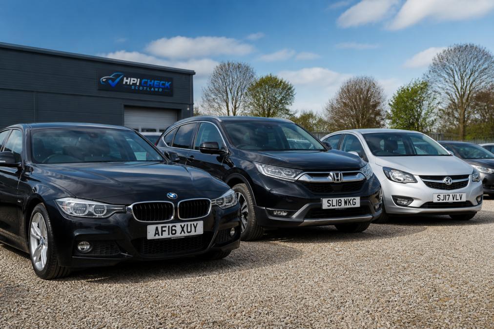 Row of well-maintained used cars parked in a dealership forecourt on a clear day, showing a family saloon, SUV, and compact car with clear registration plates visible