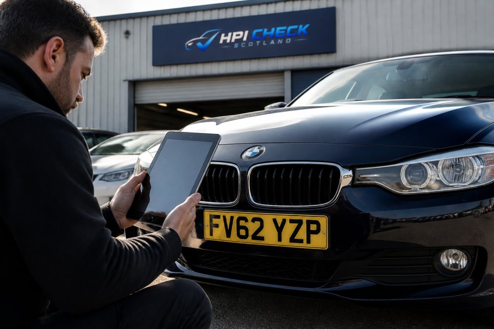 Buyer examining a used car with a tablet in hand, checking vehicle details while the registration plate is clearly visible in daylight