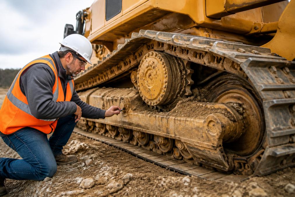 Experienced equipment inspector checking track tension and undercarriage wear on a used dozer at outdoor job site, natural daylight, examining sprockets and rollers closely
