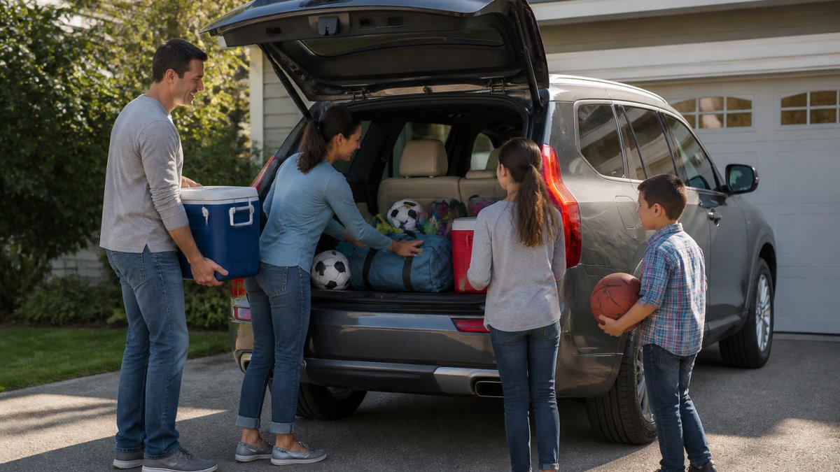 Family loading groceries and sports equipment into the open trunk of a spacious SUV in a driveway, with two children and a parent visible, natural afternoon lighting