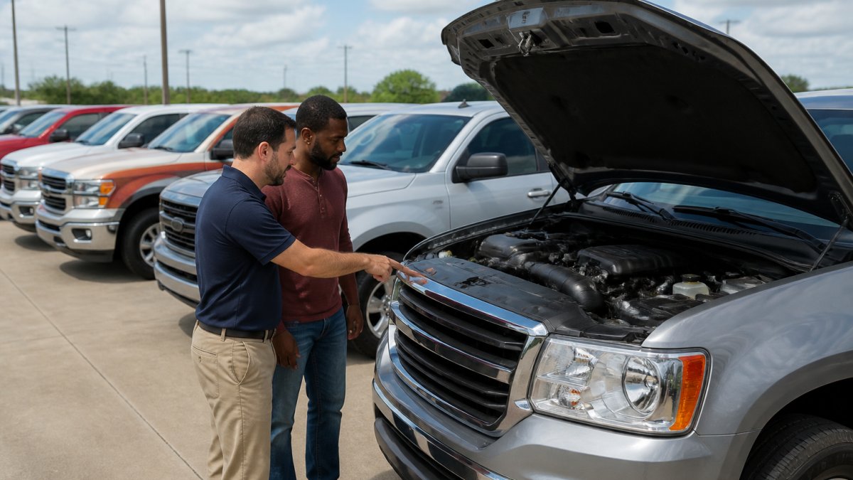 Salesperson and buyer inspecting the engine bay of clean used midsize trucks at a dealership lot