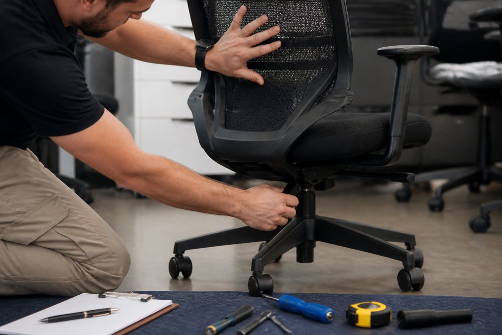Close-up of hands examining a used office chair's mesh back, pneumatic cylinder, and caster wheels to check for wear, damage, and functionality