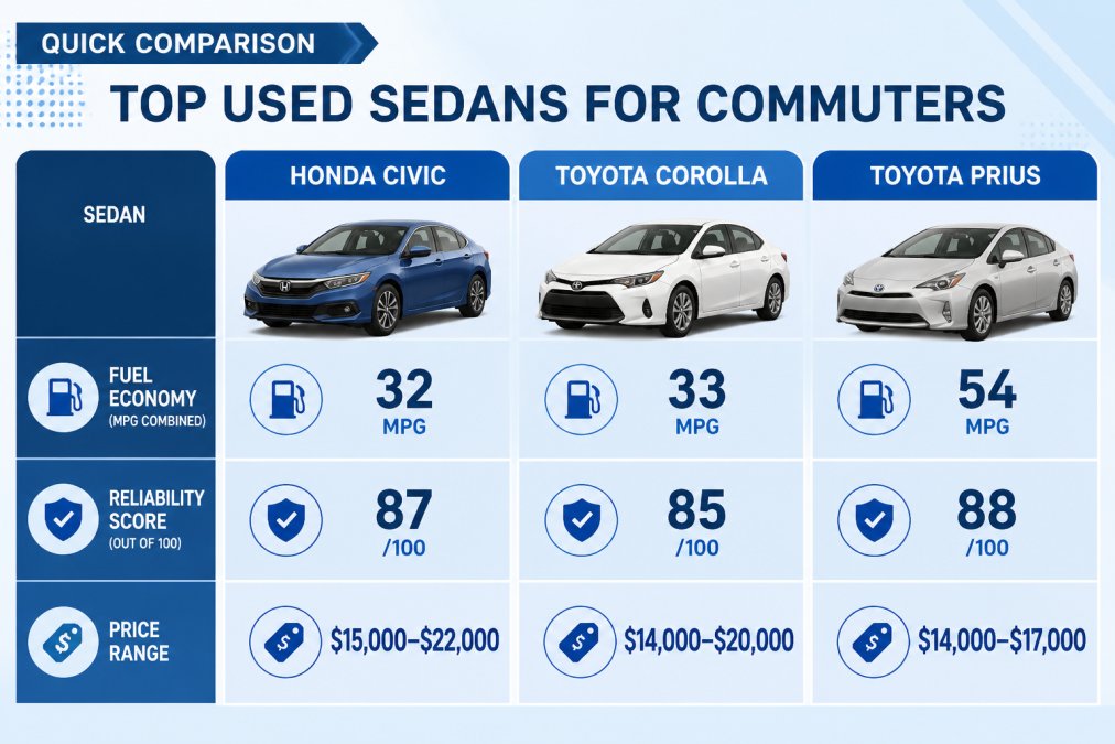 Comparison chart of fuel economy, reliability, and price for top used sedans like Civic, Corolla, and Prius.