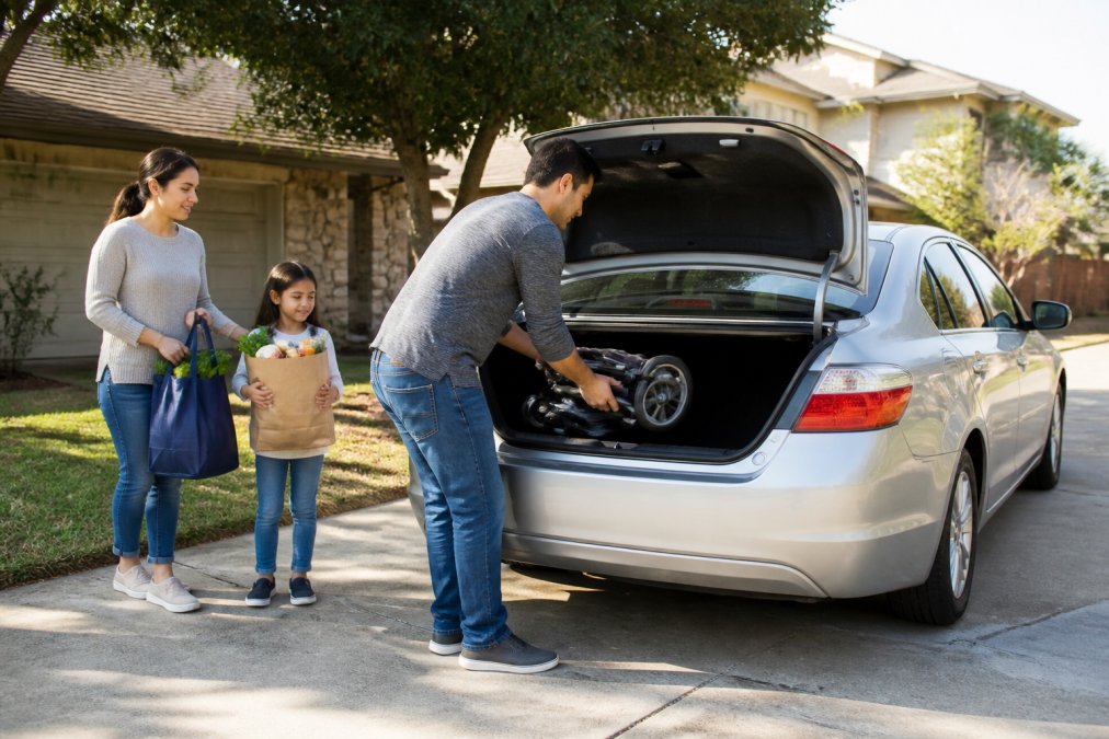 Family loading groceries and a stroller into the trunk of silver used sedans parked in a sunny suburban driveway