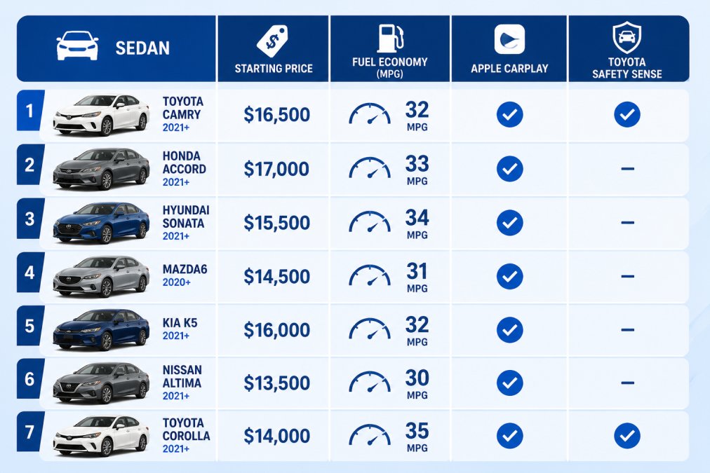 Comparison chart of seven used sedans under $20,000 detailing pricing, fuel economy, and safety features.