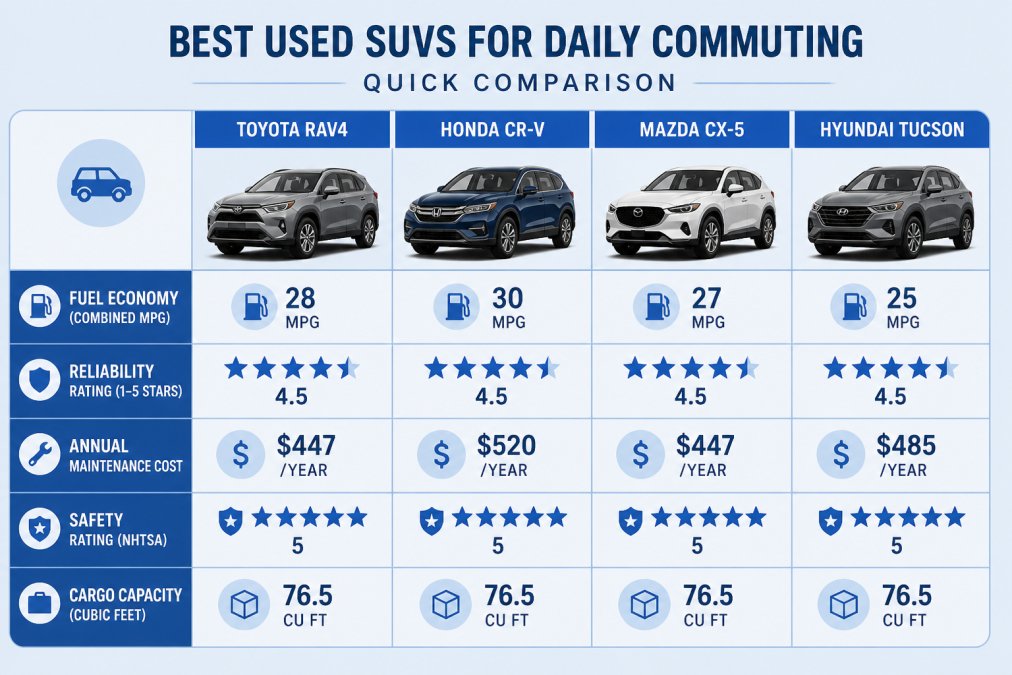 Comparison matrix showing fuel economy (MPG), reliability rating (1-5 stars), annual maintenance cost, safety ratings (NHTSA), and cargo capacity (cubic feet) for Toyota RAV4 (28 combined MPG, 4.5 stars, $447/year, 5 stars, 76.5 cu ft), Honda CR-V (30 combined MPG, 4.5 stars, $520/year, 5 stars, 76.5 cu ft), Mazda CX-5 (27 combined MPG, 4.5 stars, $447/year, 5 stars, 76.5 cu ft), Hyundai Tucson (28 combined MPG, 4.2 stars, $426/year, 5 stars, 61.9 cu ft), Nissan Rogue (33 combined MPG, 4.1 stars, $545/year, 5 stars, 70.1 cu ft), Subaru Forester (26 combined MPG, 4.3 stars, $595/year, 5 stars, 76.5 cu ft), Chevrolet Equinox (27 combined MPG, 3.9 stars, $512/year, 5 stars, 64.2 cu ft), Ford Escape (28 combined MPG, 4.0 stars, $580/year, 5 stars, 68 cu ft)