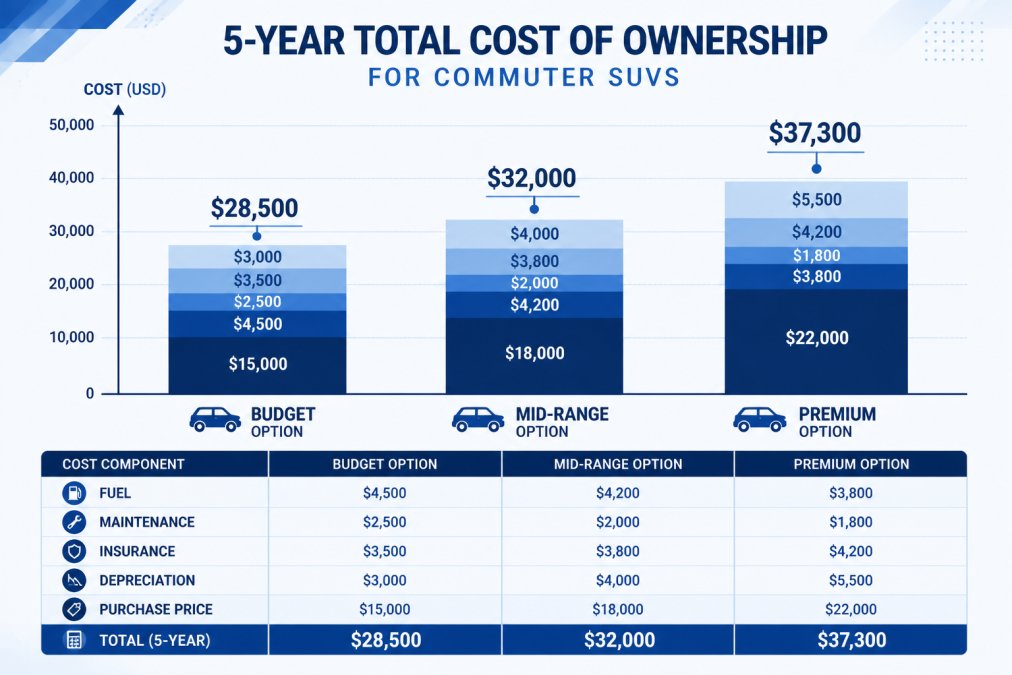 Bar chart comparing 5-year total cost of ownership for three used SUVs: Budget option ($15k purchase price, $4,500 fuel, $2,500 maintenance, $3,500 insurance, $3,000 depreciation = $28,500 total), Mid-range option ($18k purchase price, $4,200 fuel, $2,000 maintenance, $3,800 insurance, $4,000 depreciation = $32,000 total), Premium option ($22k purchase price, $3,800 fuel, $1,800 maintenance, $4,200 insurance, $5,500 depreciation = $37,300 total)