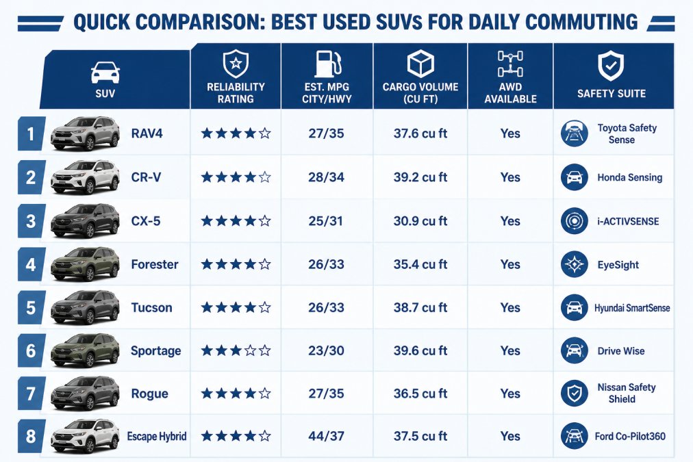 Feature comparison matrix for 8 used SUVs: columns = Reliability Rating, Est. MPG city/hwy, Cargo Volume in cubic feet, AWD Available yes/no, Safety Suite name. Rows = RAV4 27/35 37.6 cu ft, CR-V 28/34 39.2 cu ft, CX-5 25/31 30.9 cu ft, Forester 26/33 35.4 cu ft, Tucson 26/33 38.7 cu ft, Sportage 23/30 39.6 cu ft, Rogue 27/35 36.5 cu ft, Escape Hybrid 44/37 37.5 cu ft