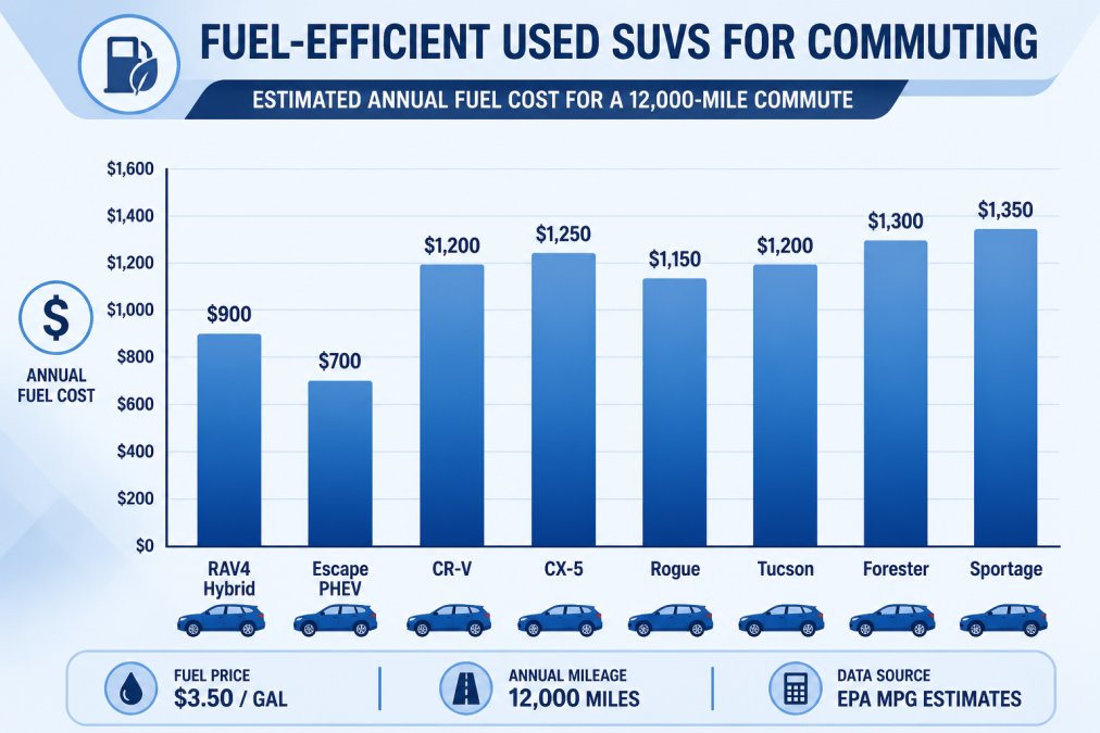 Bar chart comparing estimated annual fuel cost for a 12,000-mile commute: RAV4 Hybrid approx $900, Escape PHEV approx $700, CR-V approx $1,200, CX-5 approx $1,250, Rogue approx $1,150, Tucson approx $1,200, Forester approx $1,300, Sportage approx $1,350. Based on EPA MPG estimates at $3.50 per gallon