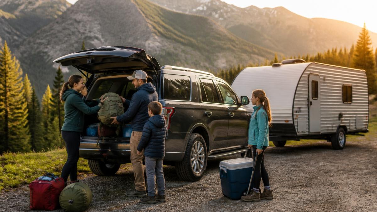 Family loading camping gear and a small camper trailer behind a parked SUV at a trailhead, with mountains visible in the background