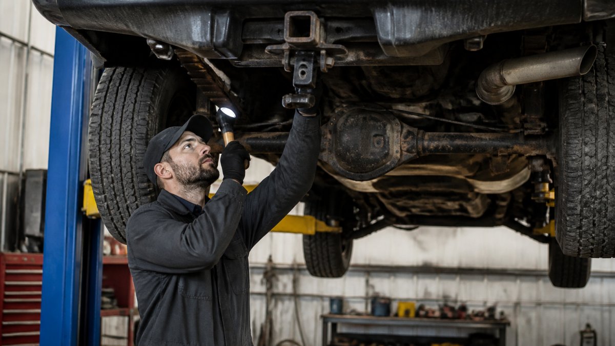 Professional mechanic in work coveralls inspecting the undercarriage and suspension of a used pickup truck on a lift, checking hitch attachment points and brake components