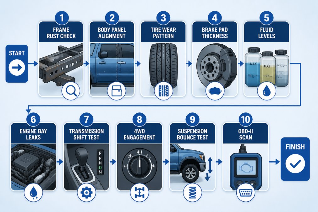 Flowchart showing the 10-point inspection process: frame rust check, body panel alignment, tire wear pattern, brake pad thickness, fluid levels, engine bay leaks, transmission shift test, 4WD engagement, suspension bounce test, OBD-II scan