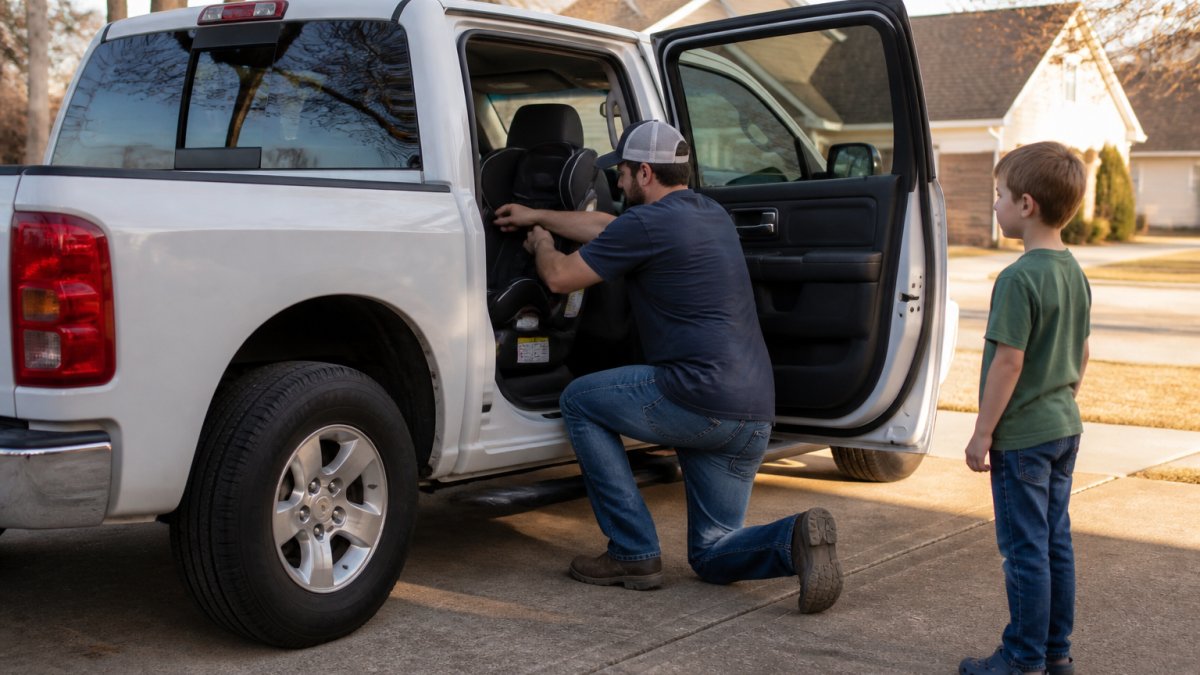 A parent kneeling to install a child car seat in the rear bench of a used crew cab pickup truck parked in a suburban driveway, a second child waiting nearby in afternoon light