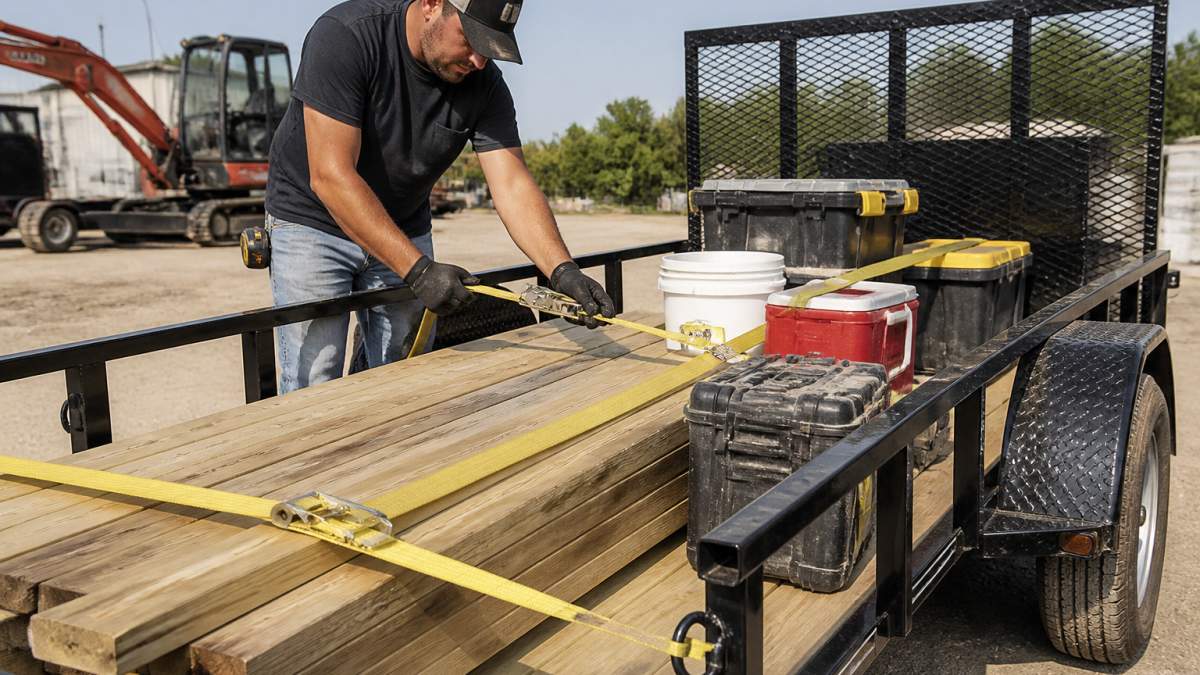 Contractor securing lumber and tools on an open utility trailer using ratchet straps and tie-down points on a sunny jobsite