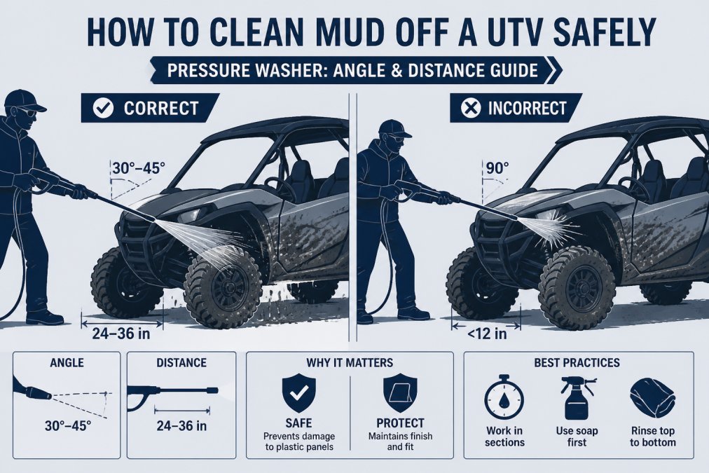 Trail rider spraying caked-on mud off a side-by-side with a pressure washer, showing proper nozzle angle and distance from plastic body panels in bright outdoor lighting