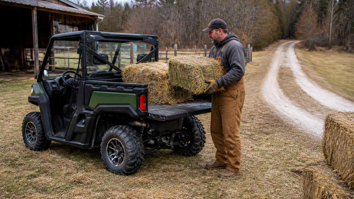 A farmer in work clothes loading hay bales into the cargo bed of a side-by-side UTV in a rural field, with a wooded trail visible in the background