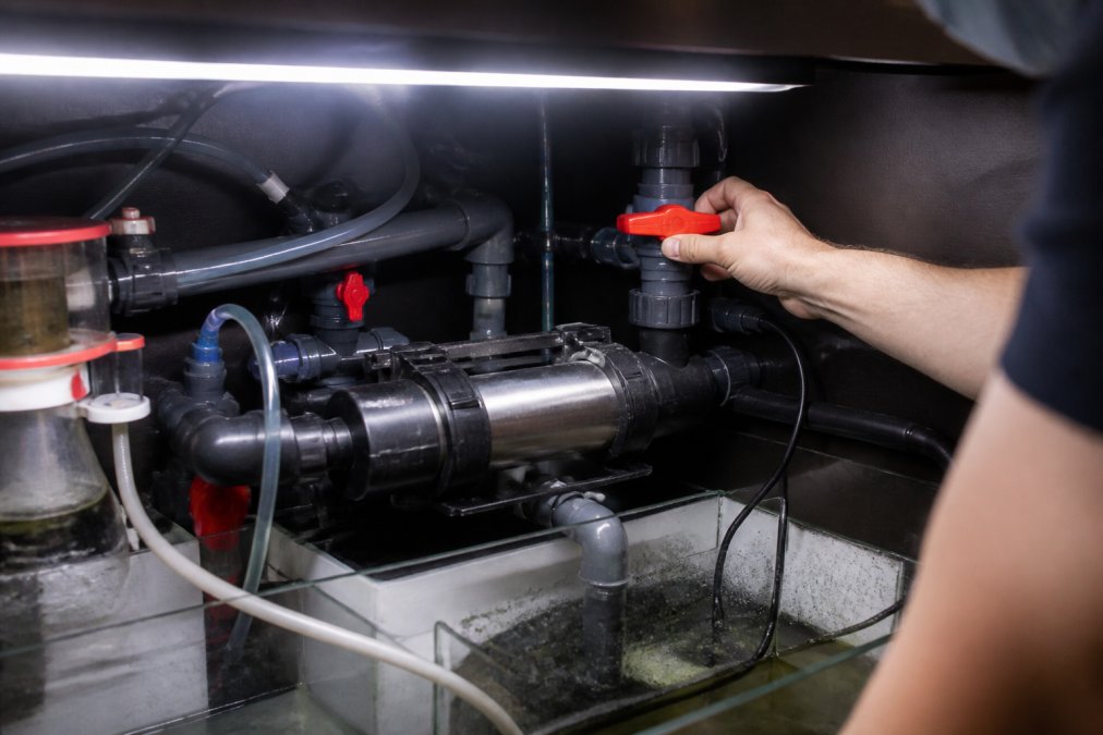 Hand adjusting a ball valve on a reef tank sump with an inline UV sterilizer unit mounted on the plumbing.