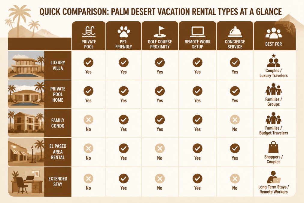 Feature comparison matrix for Palm Desert vacation rental types: Luxury Villa, Private Pool Home, Family Condo, El Paseo Area Rental, Extended Stay. Columns: Private Pool, Pet-Friendly, Golf Course Proximity, Remote Work Setup, Concierge Service, Best For. Each cell shows Yes/No or brief label