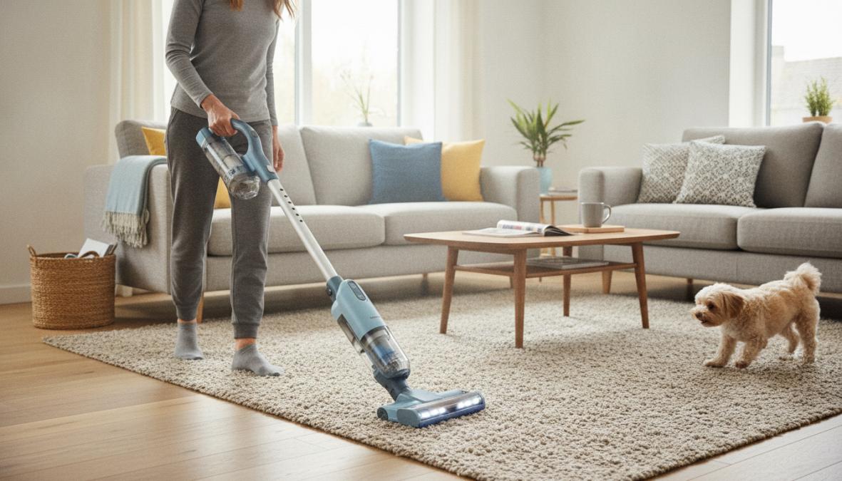 Person quickly vacuuming a bright living room with a cordless stick vacuum, showing ease of maneuverability and swift cleaning in action