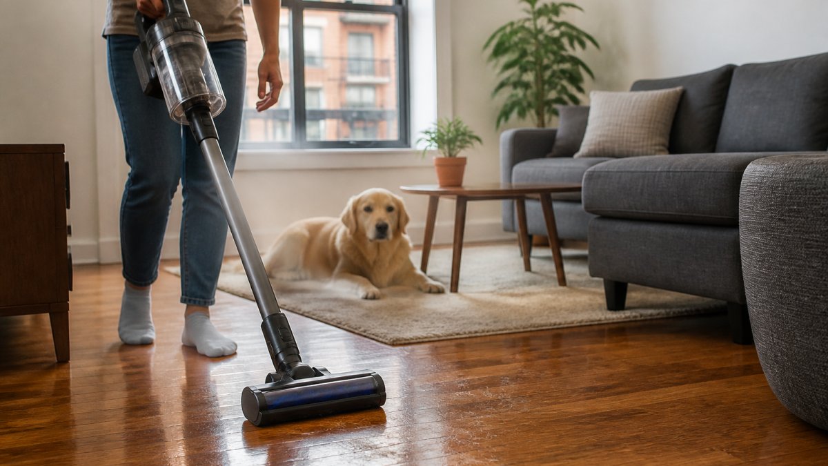 A person using a cordless stick vacuum on a hardwood floor in a small apartment living room, with a dog resting nearby and a rug visible in the background