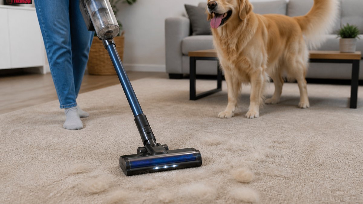 A person using a cordless stick vacuum on a carpeted living room floor while a dog sheds in the background, showing pet hair being picked up