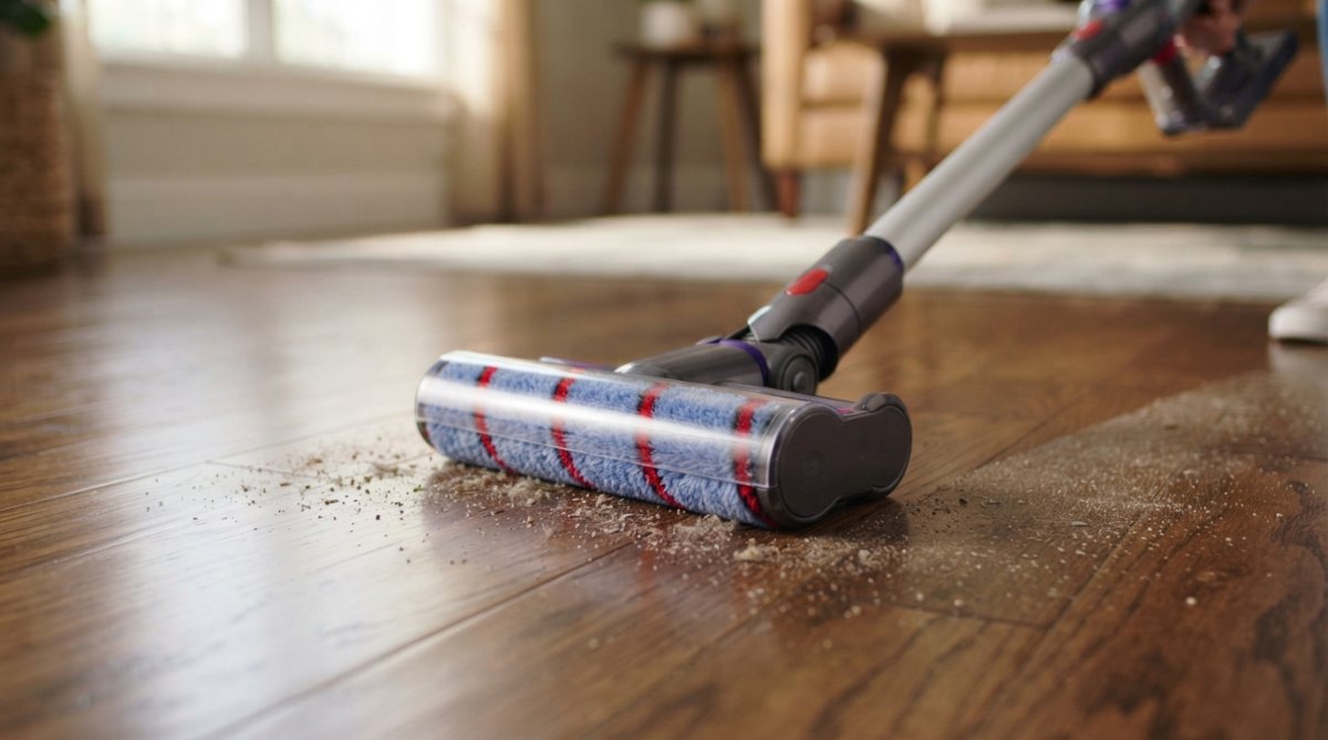 Close-up of soft roller brush head gliding smoothly across polished hardwood floor, showing gentle contact and fine dust pickup without surface scratching, natural window lighting