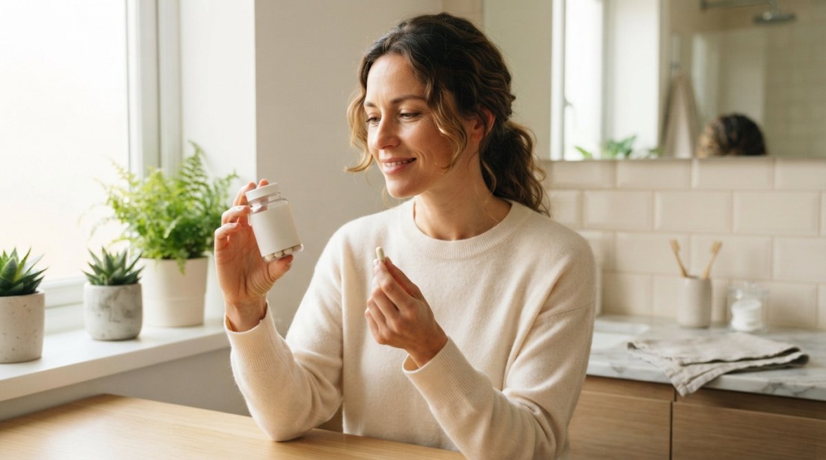 Woman reviewing supplement bottle in bright bathroom with natural light, holding capsule with confident expression