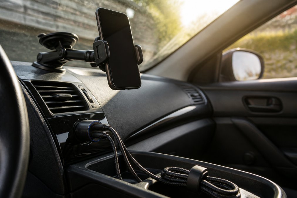 Close-up of a car dashboard with USB chargers plugged into a power outlet, a wireless phone mount holding a smartphone, and cables neatly organized in the center console with natural sunlight streaming through the windshield