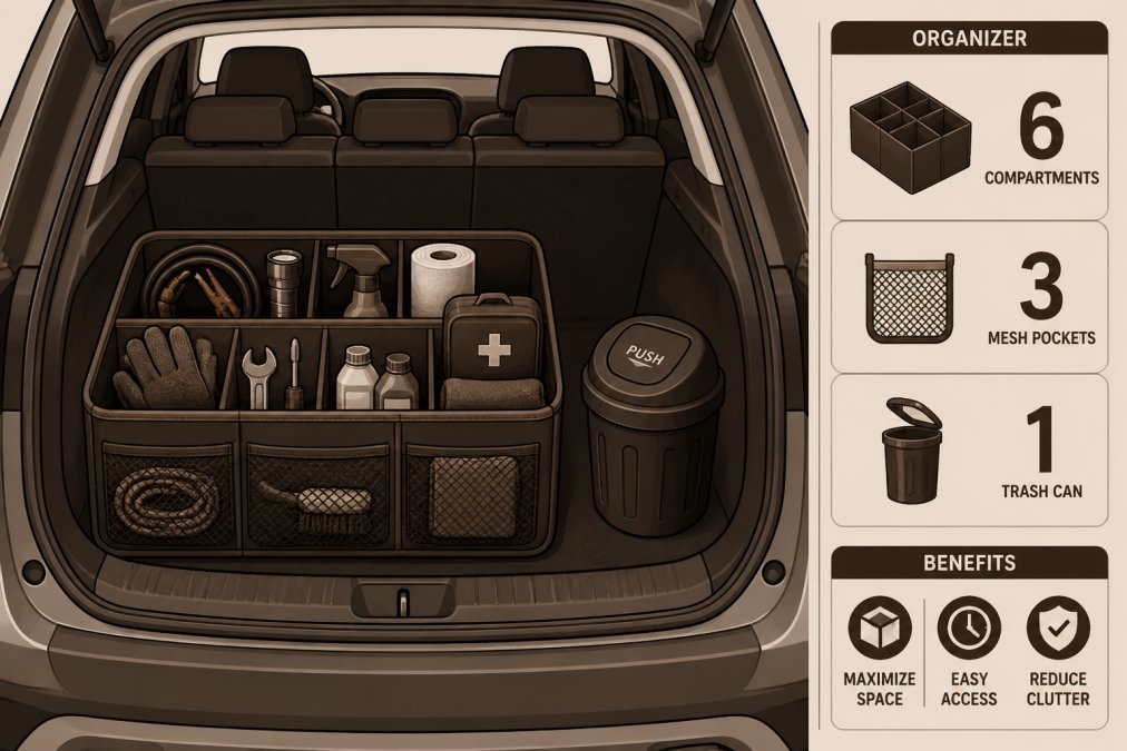 Open car trunk showing a collapsible storage organizer with multiple compartments holding tools and supplies, a small black trash can with lid positioned nearby, and organized items neatly arranged for easy access with soft natural lighting