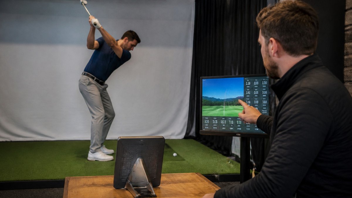PGA professional analyzing a golf swing with launch monitor data in a private fitting studio