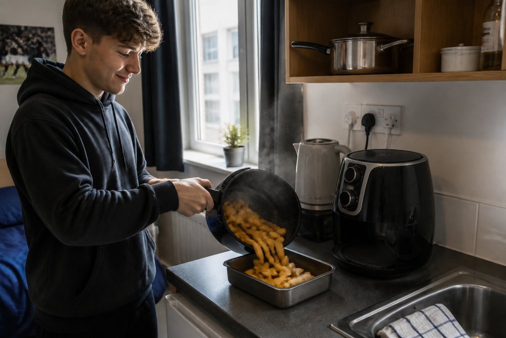 Student cooking with an air fryer in a small dorm kitchen, steam rising from the basket as golden chips fall into a metal tray on a limited countertop space, natural daylight from a small window