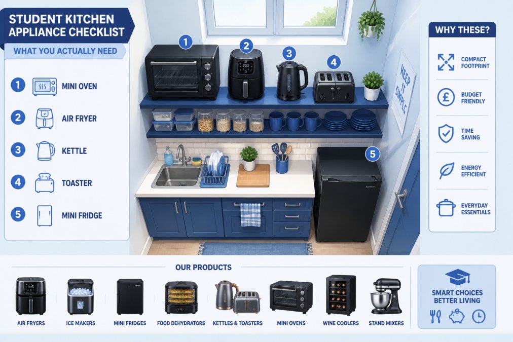 Overhead view of a small student kitchen setup with essential appliances neatly arranged on shelves and counters, mini oven, air fryer, kettle, toaster, mini fridge, showing practical organisation in a compact space with natural light
