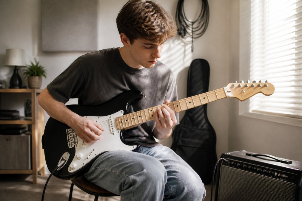 A young musician sitting on a stool in a home practice space with natural light streaming through a window, holding a Squier Bullet Stratocaster electric guitar, fingers positioned on the fretboard