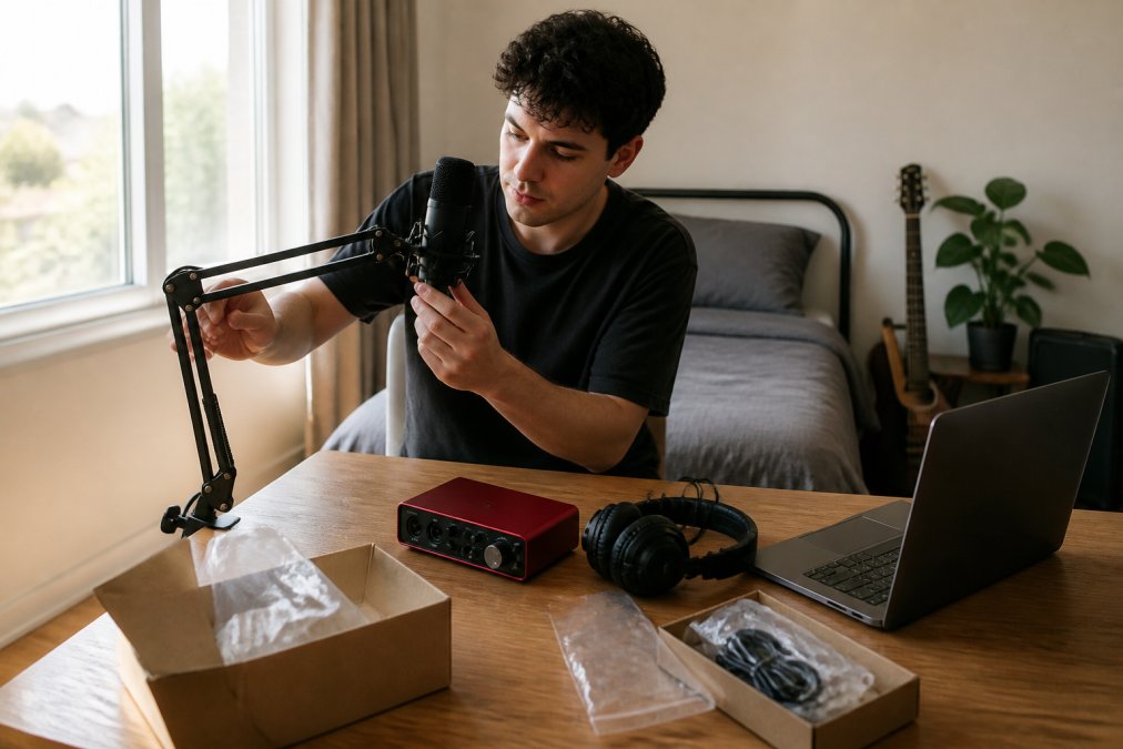 A compact home recording studio setup in a small bedroom featuring a professional microphone mounted on a boom arm, a Focusrite audio interface, over-ear headphones, and a laptop on a wooden desk with soft natural light from a nearby window