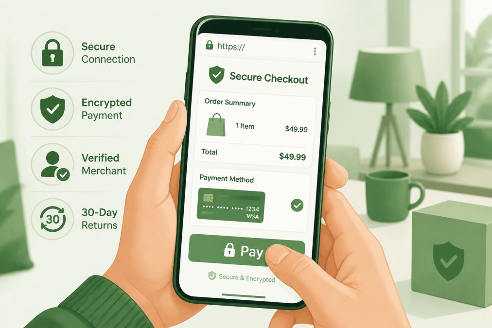 Close-up of hands holding a smartphone with a secure checkout page visible on screen, padlock icon visible in the browser address bar, warm ambient lighting in a home setting