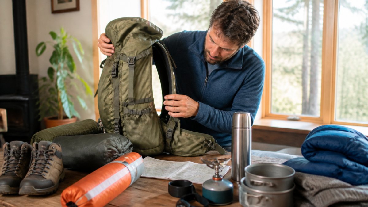 Outdoor enthusiast examining hiking backpack and camping gear laid out on a table, checking durability and construction details, natural daylight streaming through windows